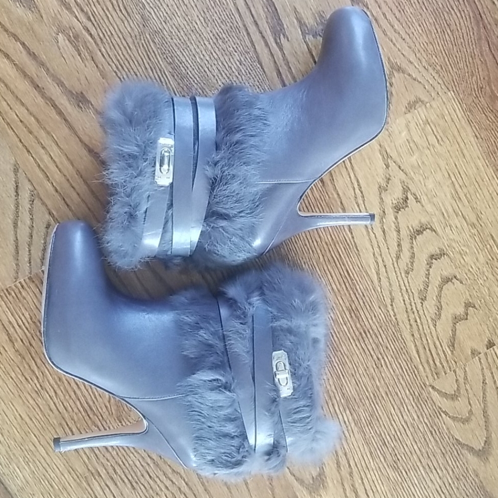 Coach Janeva rabbit fur trimmed gray booties